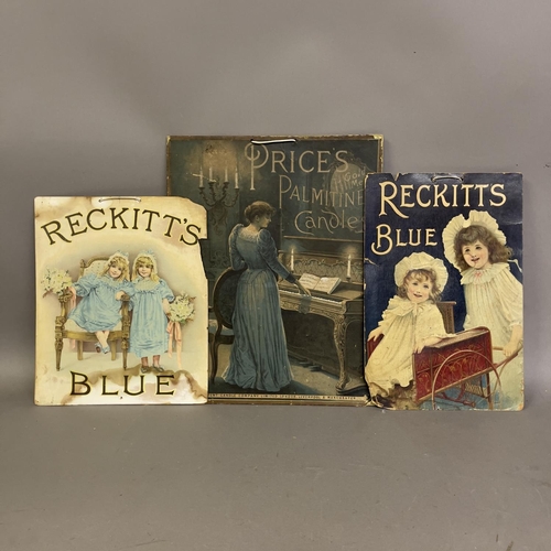 70 - Three early, original card-backed lithograph advertising panels for Reckitt’s Blue and Price’s Palmi... 