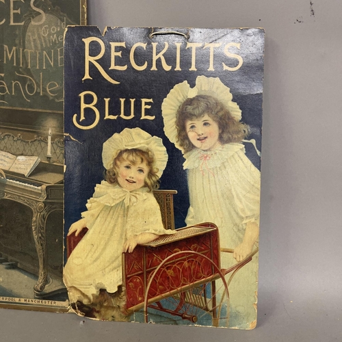 70 - Three early, original card-backed lithograph advertising panels for Reckitt’s Blue and Price’s Palmi... 