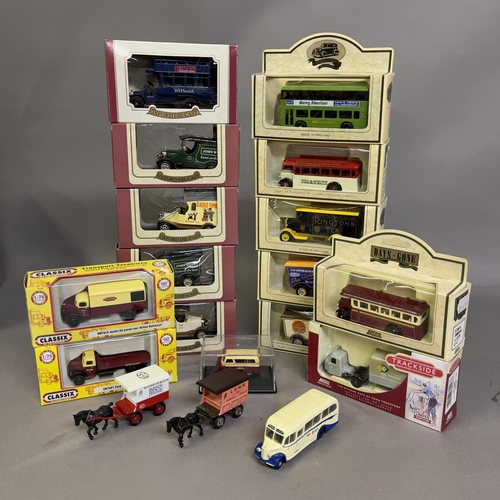 51 - A collection of 18 die cast models, including five Oxford Die Cast delivery vans (boxed), six Days G... 