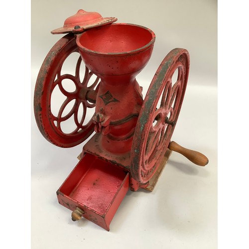 294 - Red double wheel cast iron coffee mill with hand crank, marked Stowmarket Suffolk, Iron Foundry 1920... 