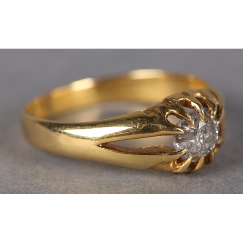 187 - A VICTORIAN SINGLE STONE DIAMOND RING in 18ct gold, the Old European cut stones claw set in a gentle... 