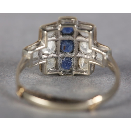 184 - AN ART DECO SAPPHIRE AND DIAMOND CLUSTER RING in platinum set to the centre with three oval faceted ... 