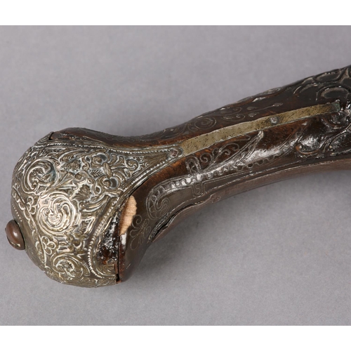 6 - A NINETEEN BORE OTTOMAN FLINTLOCK KUBER PISTOL C1800, tapering barrel with worn chiselled foliate sc... 