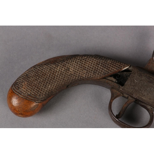 7 - A PERCUSSION POCKET PISTOL C1840, rounded walnut chequered butt (at fault) with vacant oval cartouch... 