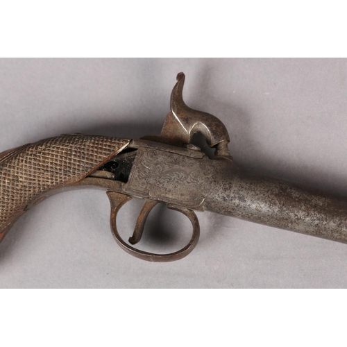 7 - A PERCUSSION POCKET PISTOL C1840, rounded walnut chequered butt (at fault) with vacant oval cartouch... 