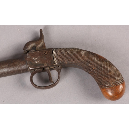 7 - A PERCUSSION POCKET PISTOL C1840, rounded walnut chequered butt (at fault) with vacant oval cartouch... 