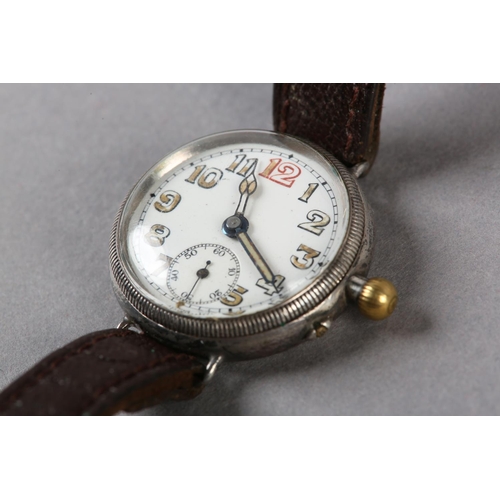 250 - A WWI ERA WRISTWATCH IN SILVER CASE NO 445346, Swiss jewelled lever movement, white enamel dial with... 