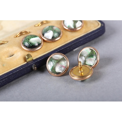 195 - A SET OF SIX VICTORIAN DRESS STUDS, each collet set with a circular cabochon green and iridescent pa... 