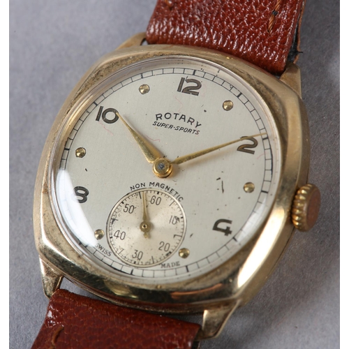 279 - A ROTARY GENTLEMAN'S SUPER SPORTS MANUAL WRISTWATCH, c1948, in 9ct gold cushion case no 216271, 15 j... 