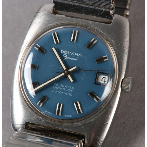 276 - A DELVINA GENTLEMAN'S AUTOMATIC DATE WRISTWATCH, c1970, in a satin finished stainless steel tonneau ... 