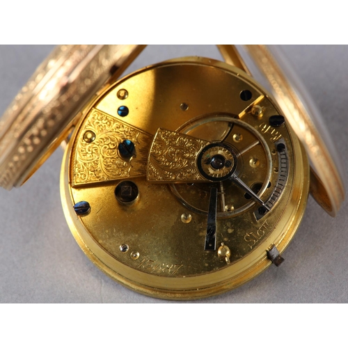 258 - A VICTORIAN POCKET WATCH IN 18CT GOLD OPEN FACED CASE, full plate movement with steel three spade ba... 