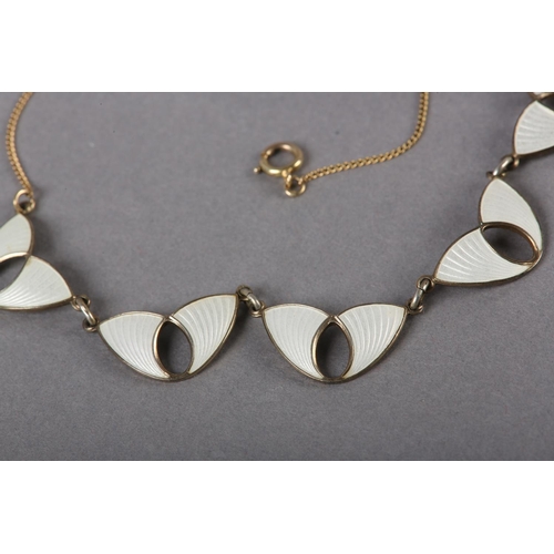 214 - A NORWEGIAN GUILLOCHE ENAMEL SILVER GILT NECKLACE C1950, each opalescent bi-foliate form linked and ... 