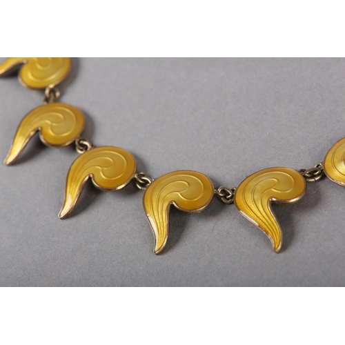 216 - A NORWEGIAN GUILLOCHE ENAMEL SILVER GILT NECKLACE LINKED C1960, each yellow scroll form linked hung ... 