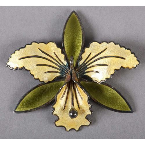 219 - A NORWEGIAN GUILLOCHE SILVER GILT ORCHID BROOCH BY AKSEL HOLMSEN, the petals in green and yellow ena... 