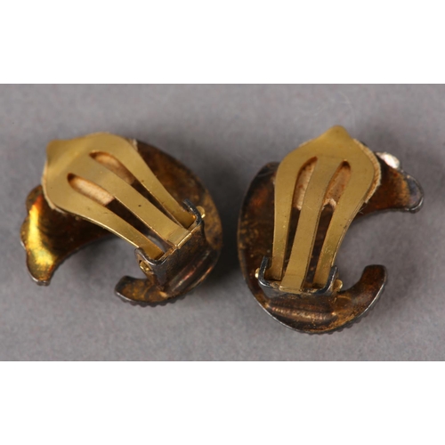 228 - A PAIR OF NORWEGIAN GUILLOCHE SILVER GILT EAR CLIPS BY ELVIK & CO C1960 of yellow enamel ware form