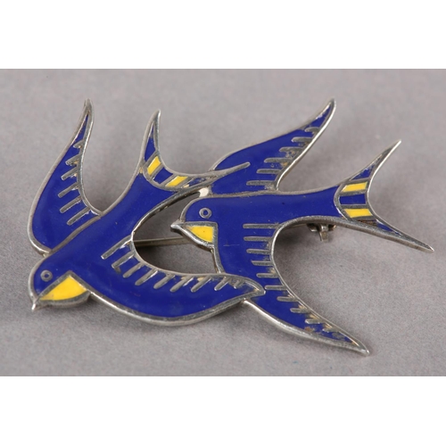 234 - A DANISH CLOISONNE SILVER SWALLOW BROOCH by Eric Magnussen and Volmer Bahna, c1980, the blue and yel... 