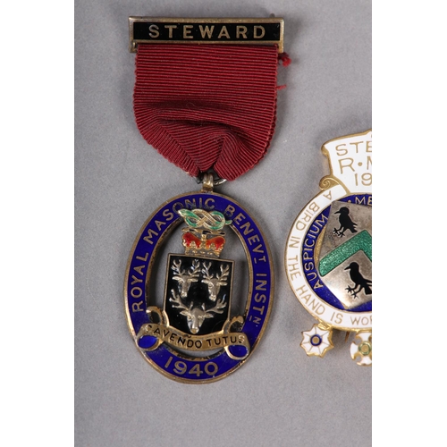 168 - A ROYAL MASONIC BENEVOLENT INSTITUTION STEWARD'S JEWEL in silver and enamel presented in 1940 togeth... 