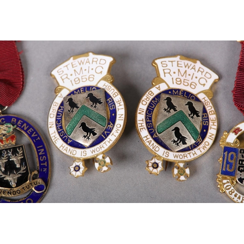 168 - A ROYAL MASONIC BENEVOLENT INSTITUTION STEWARD'S JEWEL in silver and enamel presented in 1940 togeth... 