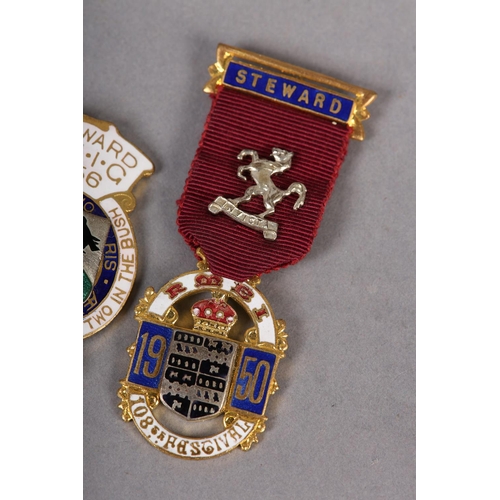 168 - A ROYAL MASONIC BENEVOLENT INSTITUTION STEWARD'S JEWEL in silver and enamel presented in 1940 togeth... 