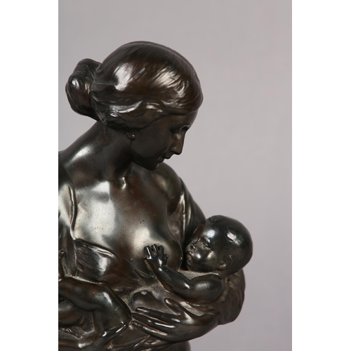 70 - BRONZE BUST OF A MOTHER AND CHILD on stepped marble base, 20.5cm high