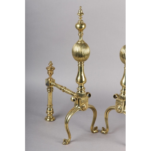 50 - A PAIR OF VICTORIAN BRASS FIRE DOGS, each having a reeded ball and baluster upright with knop finial... 