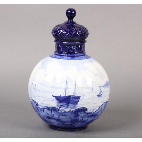 103 - A ROYAL CROWN DERBY BLUE AND WHITE POT POURRI VASE, the lobed globular body painted with a continuou... 