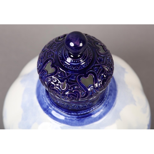 103 - A ROYAL CROWN DERBY BLUE AND WHITE POT POURRI VASE, the lobed globular body painted with a continuou... 