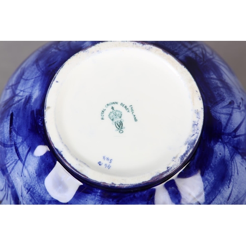 103 - A ROYAL CROWN DERBY BLUE AND WHITE POT POURRI VASE, the lobed globular body painted with a continuou... 