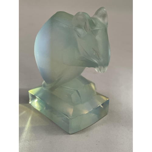 136 - A SABINO OPALESCENT GLASS MOUSE CAR MASCOT, raised on a rectangular plinth, moulded mark and signed ... 