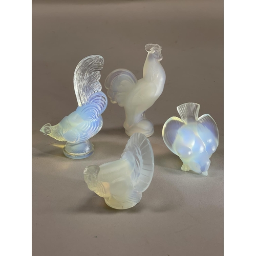 139 - TWO SABINO OPALESCENT GLASS COCKERELS, A TURKEY AND A CHICK, all on circular plinths and signed Sabi... 