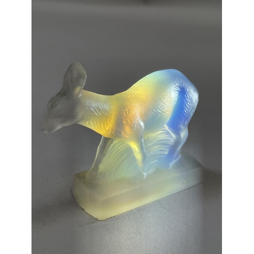 142 - A FRENCH CESARI FRENCH OPALESCENT GLASS ANTELOPE on a rectangular plinth base, moulded signature, 5.... 