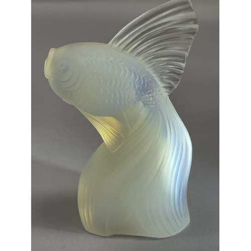 143 - A FRENCH ETLING OPALESCENT GLASS FAN TAILED GOLD FISH, moulded mark, 12cm high