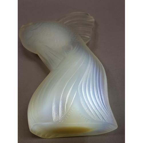 143 - A FRENCH ETLING OPALESCENT GLASS FAN TAILED GOLD FISH, moulded mark, 12cm high