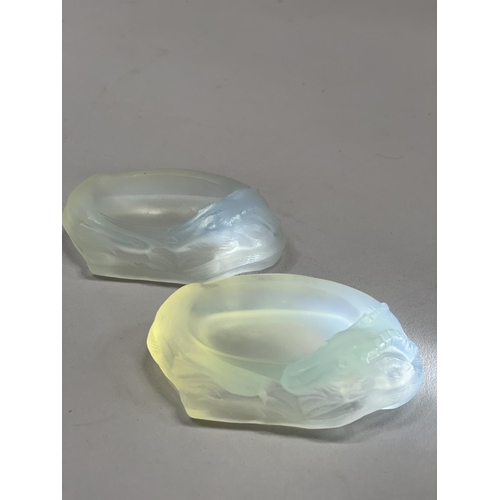 144 - A PAIR OF JOBLING OPALIQUE GLASS HART SALT CELLARS, of oval outline, reg no. 795460, Jobling catalog... 