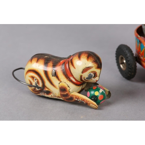 33 - A GERMAN US ZONE TINPLATE CLOCKWORK ELEPHANT AND ZEBRA CIRCUS ACT, 24cm wide x 21.5cm high, together... 