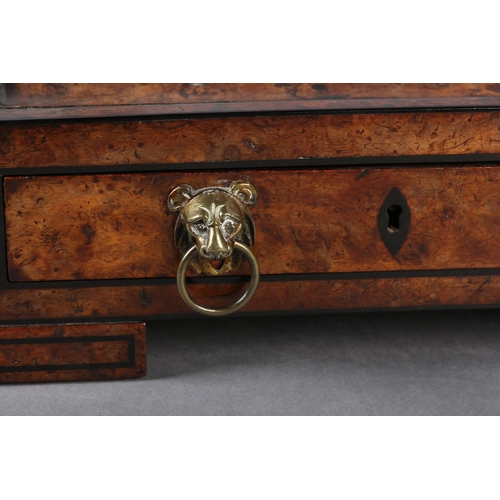 75 - A LATE REGENCY BURR WALNUT DESK STANDISH INLAID WITH EBONY STRINGING, fitted with two square-cut gla... 