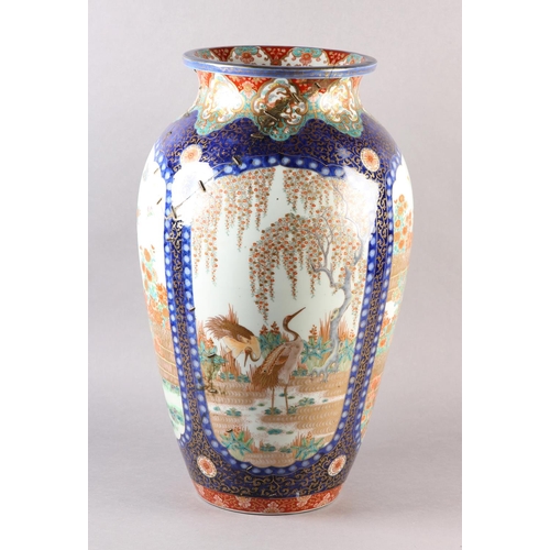 112 - A LARGE JAPANESE POTTERY VASE,  Meiji period, now converted to a table lamp, the ovoid body painted ... 