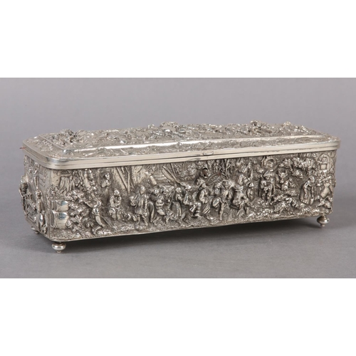 151 - AN EARLY 20TH CENTURY CONTINENTAL SILVER PLATED CASKET, rectangular, the cover embossed with horseme... 