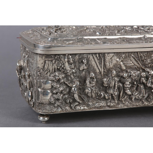 151 - AN EARLY 20TH CENTURY CONTINENTAL SILVER PLATED CASKET, rectangular, the cover embossed with horseme... 