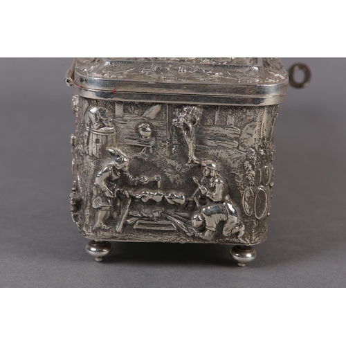 151 - AN EARLY 20TH CENTURY CONTINENTAL SILVER PLATED CASKET, rectangular, the cover embossed with horseme... 