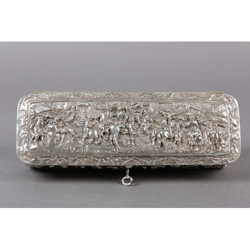 151 - AN EARLY 20TH CENTURY CONTINENTAL SILVER PLATED CASKET, rectangular, the cover embossed with horseme... 