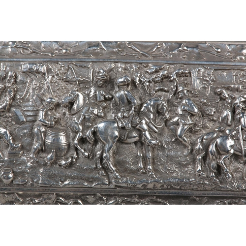 151 - AN EARLY 20TH CENTURY CONTINENTAL SILVER PLATED CASKET, rectangular, the cover embossed with horseme... 