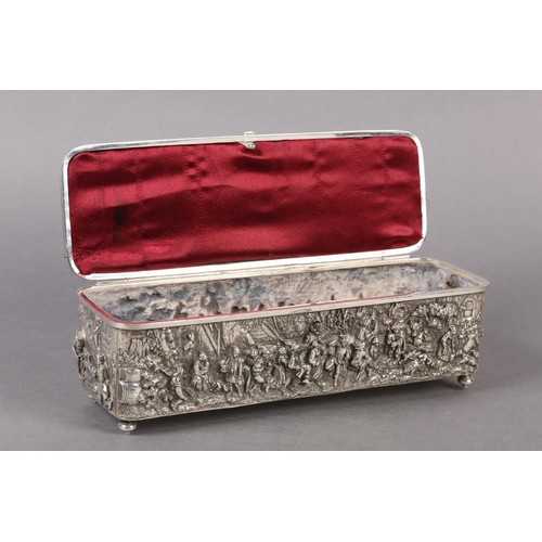 151 - AN EARLY 20TH CENTURY CONTINENTAL SILVER PLATED CASKET, rectangular, the cover embossed with horseme... 