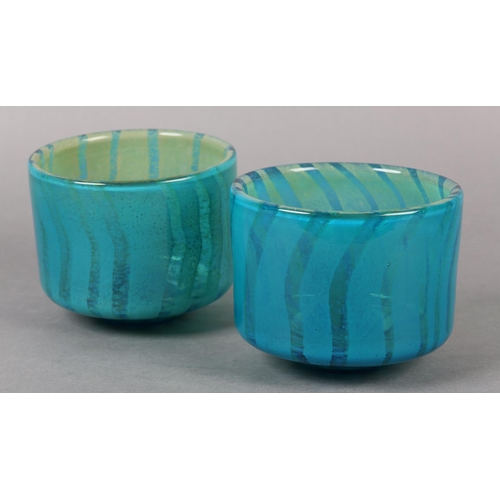 127 - A PAIR OF MDINA GLASS VASES OF TURQUOISE AND GREEN VERTICAL BANDS, etched signature to underside, 13... 