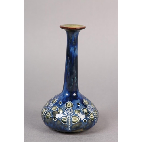 93 - A DOULTON STONEWARE VASE OF SECESSIONIST DESIGN, having a flat rim and long narrow neck to the compr... 