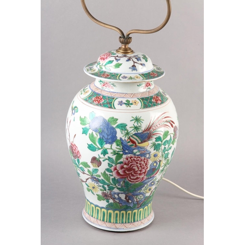 113 - A CHINESE FAMILLE ROSE VASE AND DOMED COVER, late 19th century now converted to a table lamp, painte... 