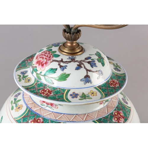 113 - A CHINESE FAMILLE ROSE VASE AND DOMED COVER, late 19th century now converted to a table lamp, painte... 