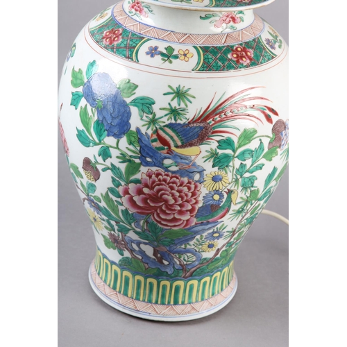 113 - A CHINESE FAMILLE ROSE VASE AND DOMED COVER, late 19th century now converted to a table lamp, painte... 