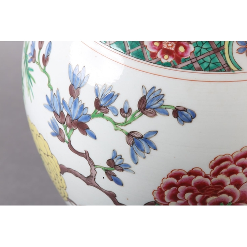 113 - A CHINESE FAMILLE ROSE VASE AND DOMED COVER, late 19th century now converted to a table lamp, painte... 