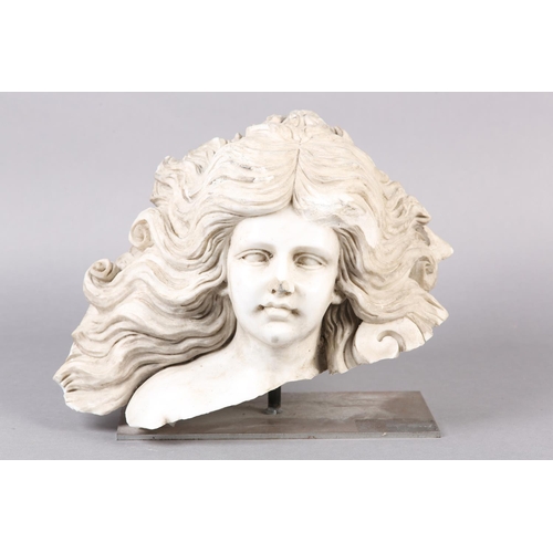 68 - A 19TH CENTURY ITALIAN MARBLE HEAD AND SHOULDERS OF A YOUNG GIRL WITH LONG FLOWING HAIR, mounted on ... 